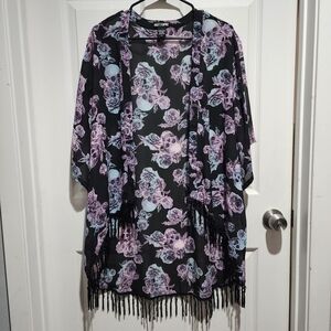 Hot Topic Black Kimono with Purple Floral Skull Design